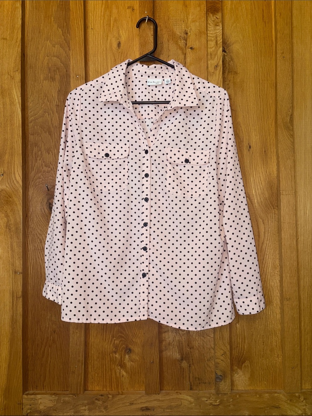 Kim Rogers Long Sleeve Button Down Shirt, Petite Large, Light Pink & Black Dots